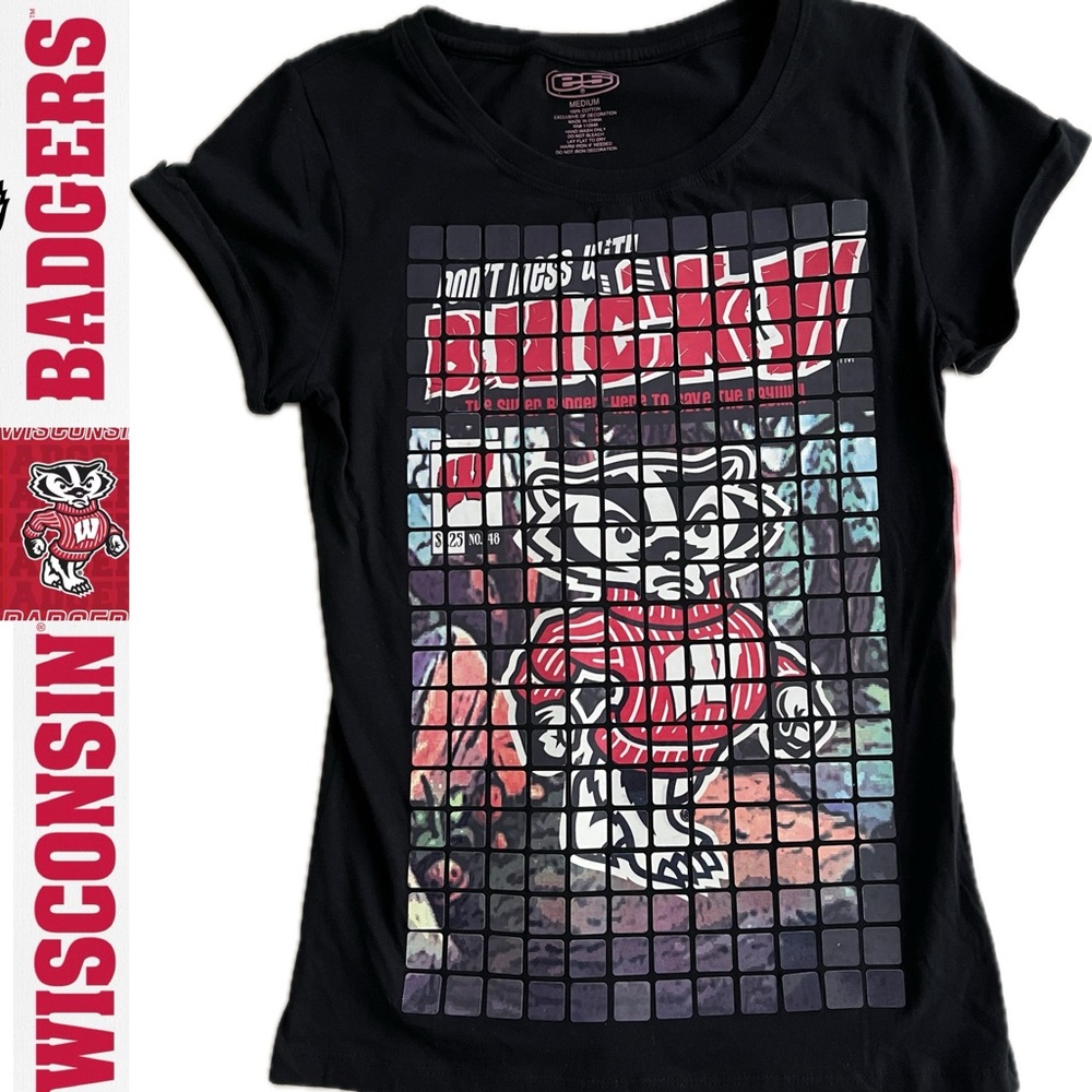 🦡🌹NEW Mosaic Tile Wisconsin Badgers Cuffed Sleeve T-Shirt | S/M Fitted | Rare